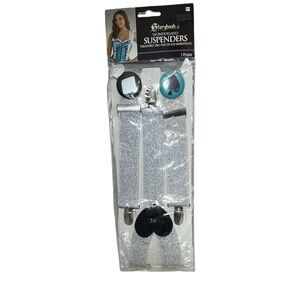 STORYBOOK WONDERLAND SUSPENDERS SILVER SPARKLE WITH‎ BLACK SEQUIN HEART ON BACK